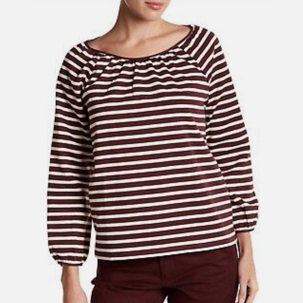J. Crew Brown & White Striped Structured Keyhole Blouse